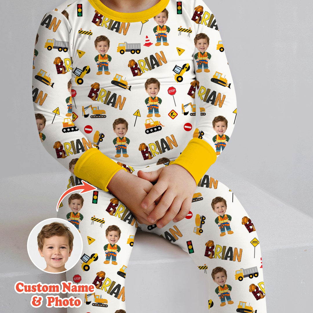 Custom Photo Doodle Little Builder Two Piece Long Sleeve Pajama Set