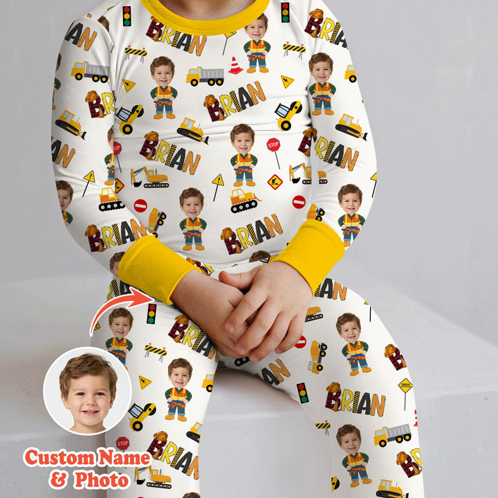 Custom Photo Doodle Little Builder Two Piece Long Sleeve Pajama Set