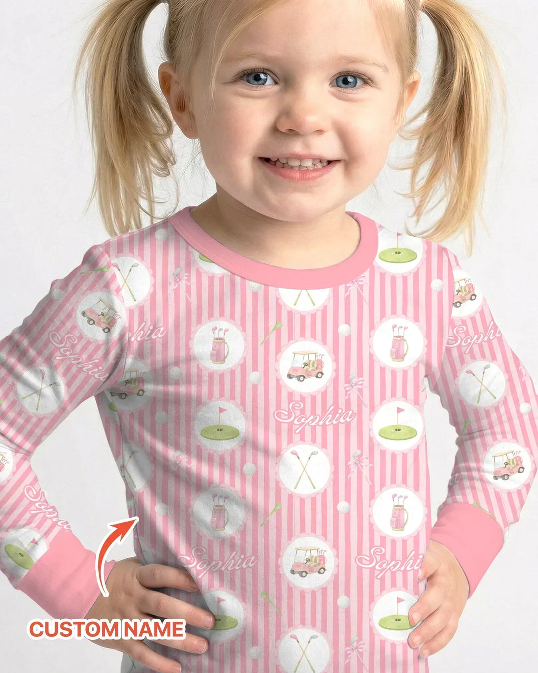 Custom Name Pink Golf Girl Two Piece Long Sleeve Pajama Set