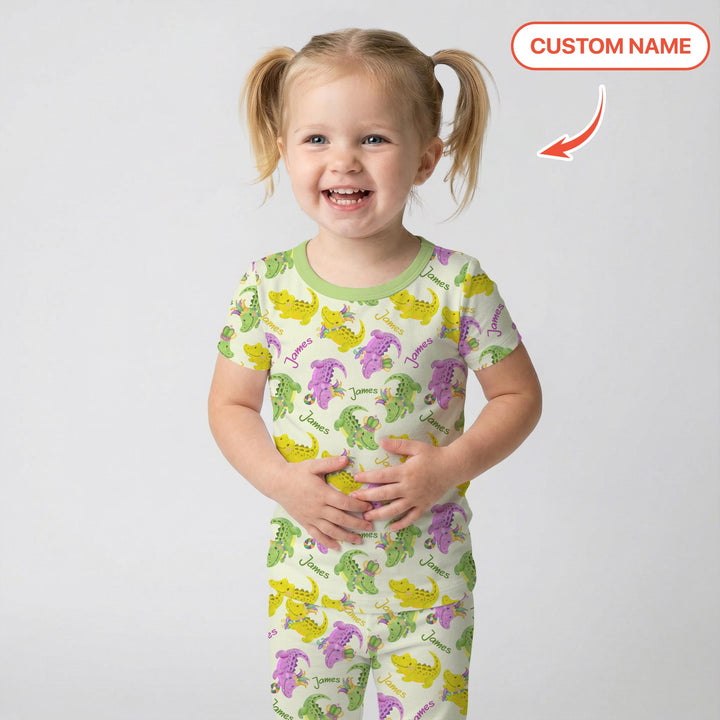 Custom Name Mardi Gras Alligator Two Piece Short Sleeve Pajama Set