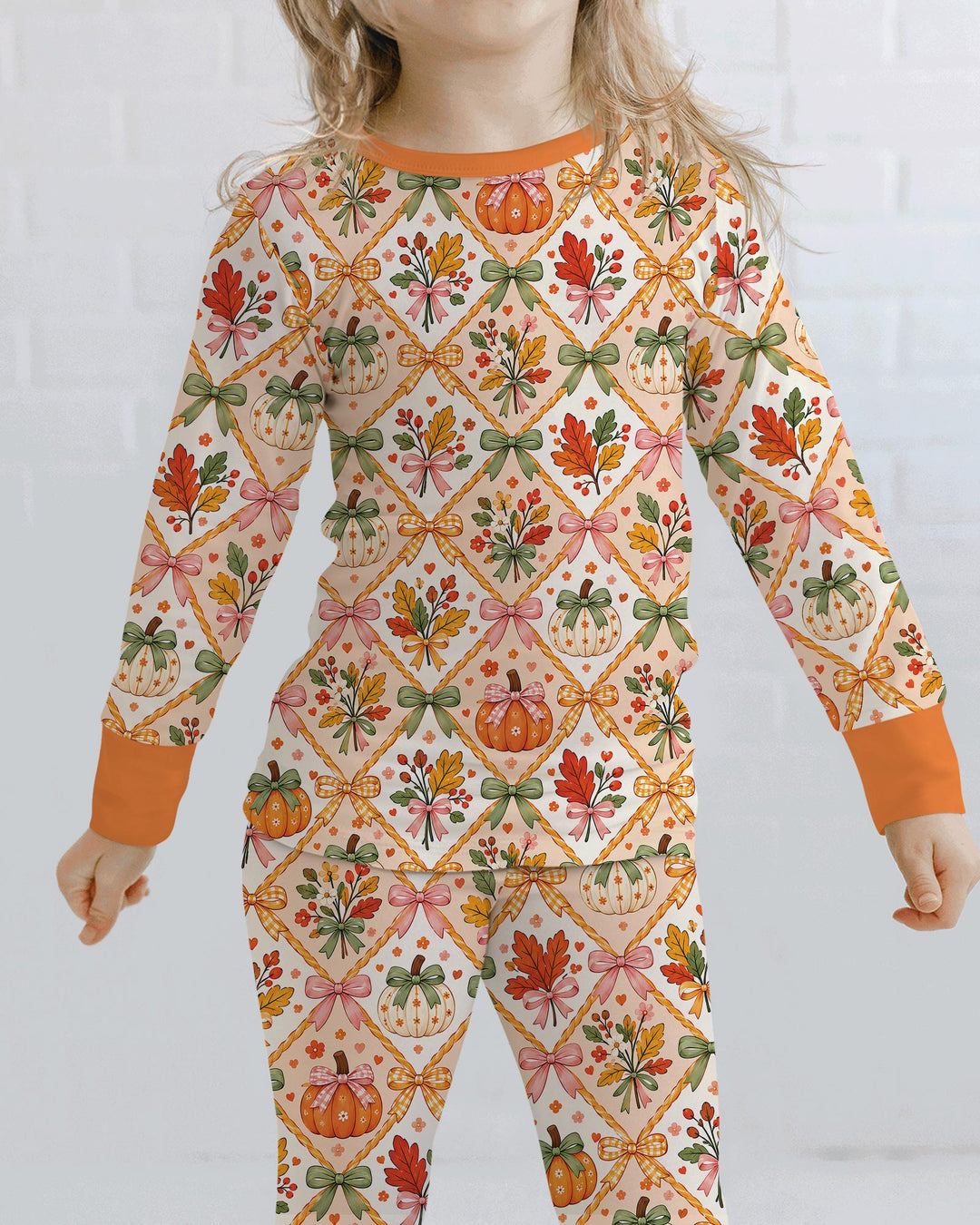 Retro Fall Pumpkin Bow Bamboo Two Piece Long Sleeve Pajama Set