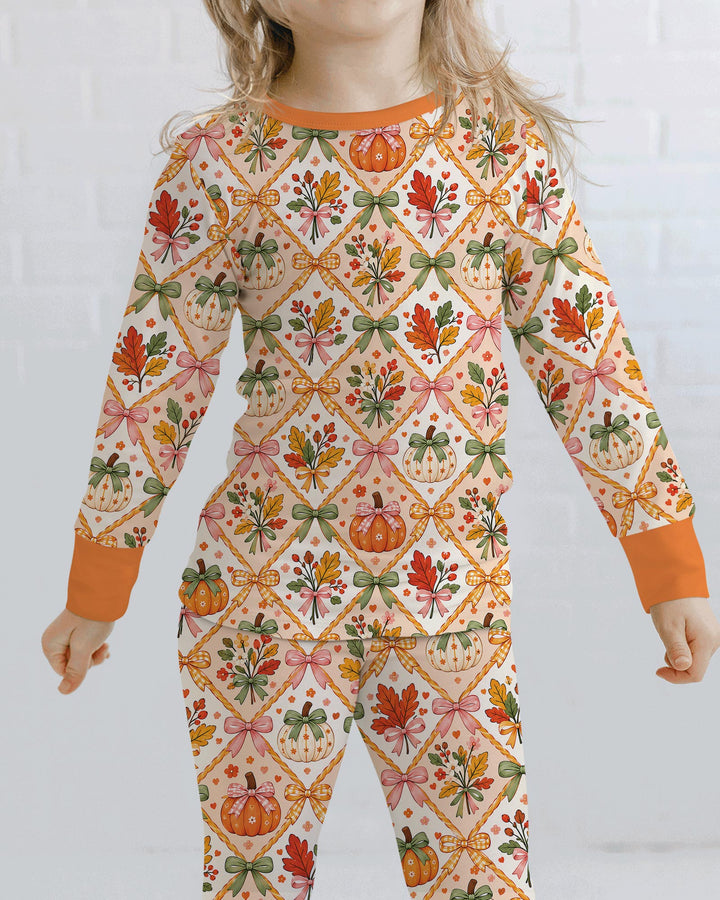 Retro Fall Pumpkin Bow Bamboo Two Piece Long Sleeve Pajama Set