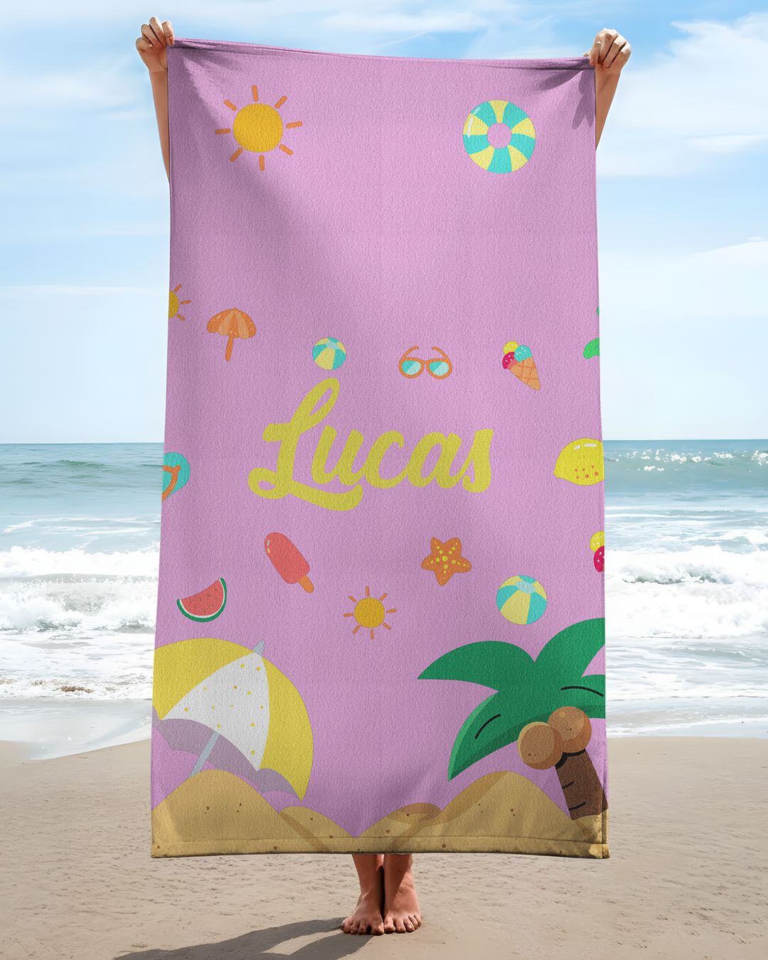 Personalised Fruits Palm Tree Marine Animals Bamboo Beach Towel