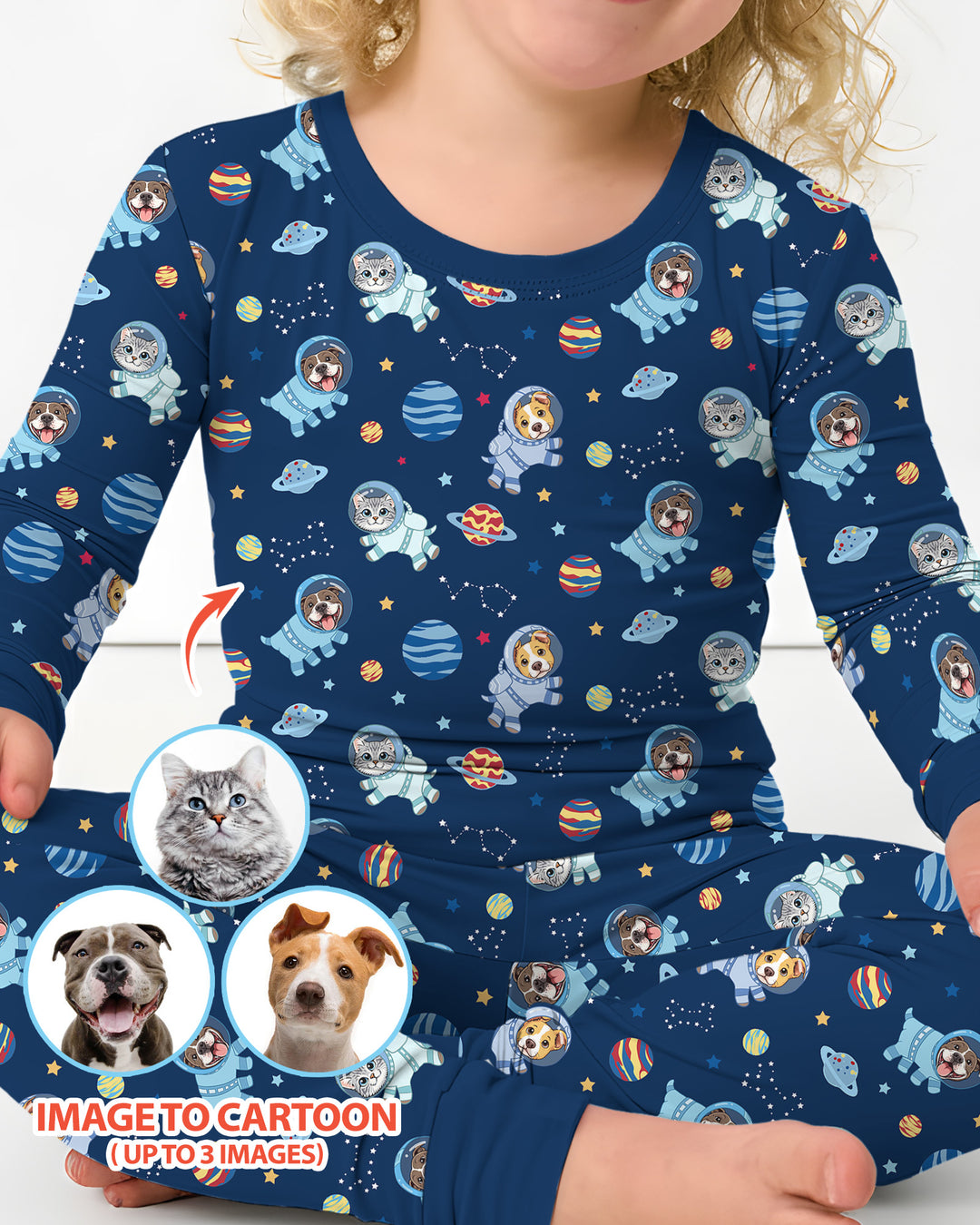 Astronaut Custom Pet Image Family Matching Bamboo Two Piece Long Sleeve Pajama Set