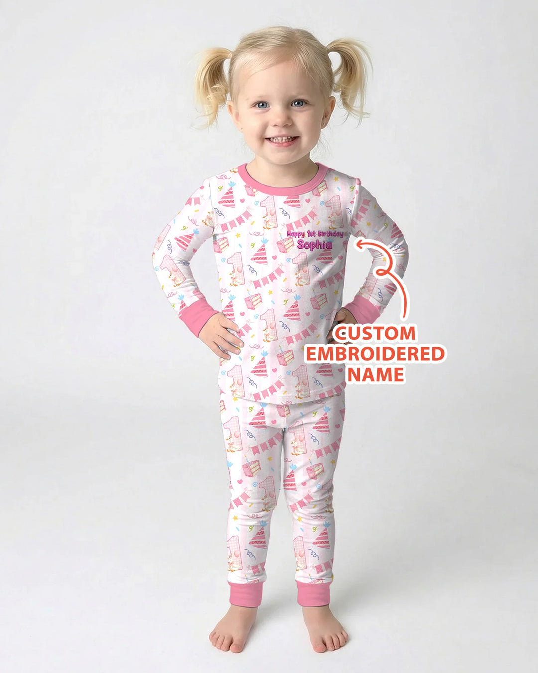 1st Birthday Girl Embroidered Baby Bamboo Two Piece Long Sleeve Pajama Set