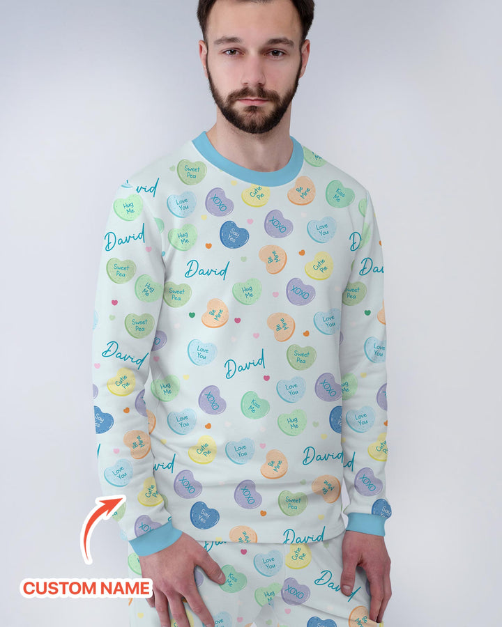 Custom Name Colorful Candy Hearts Family Matching Men's Pajama Set