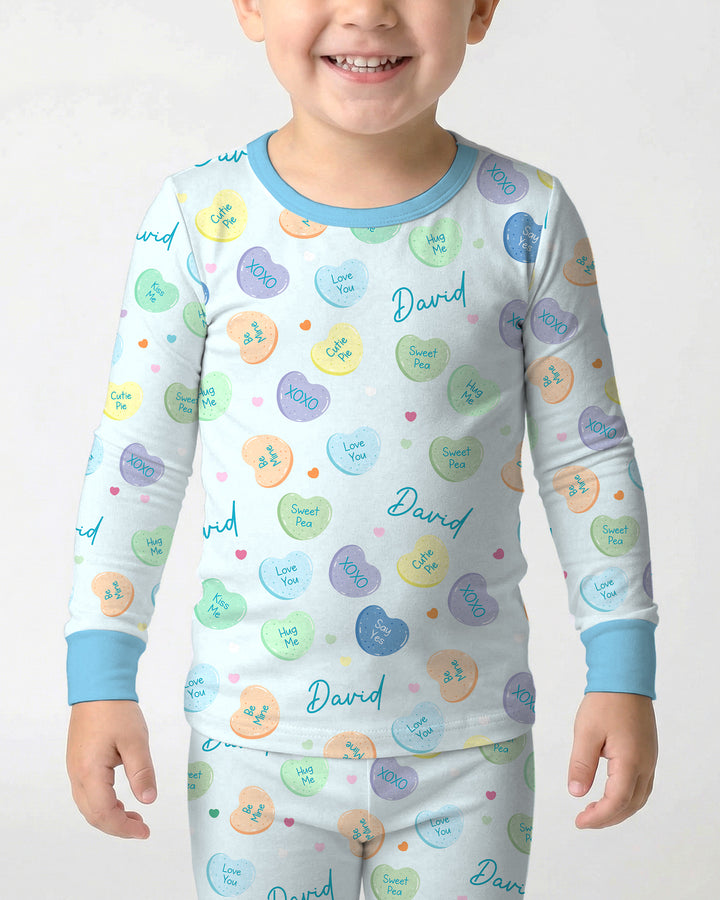 Custom Name Colorful Candy Hearts Family Matching Two Piece Long Sleeve Pajama Set