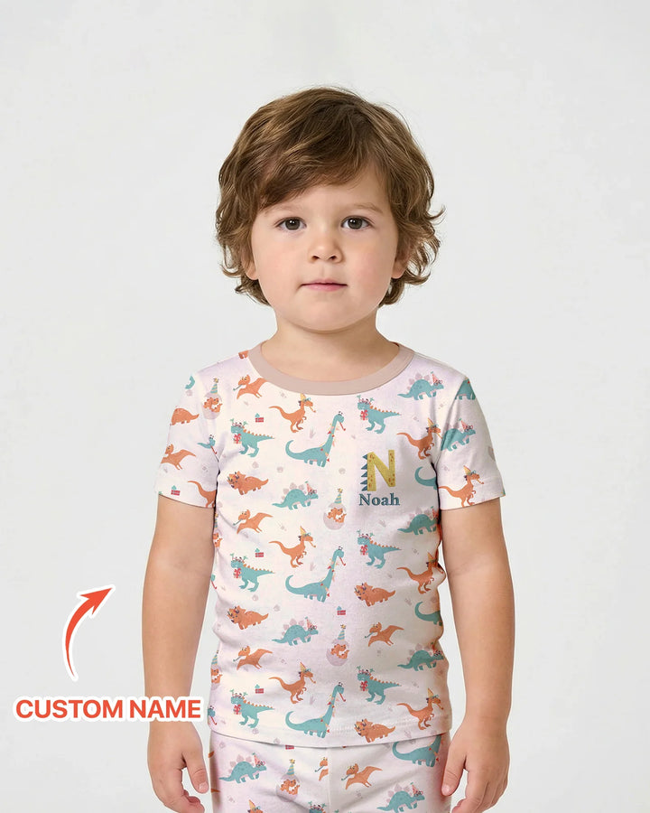 Conjunto de pijama de dos piezas de bambú con dinosaurios bordados, de manga corta y pantalones cortos