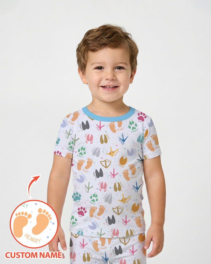 Cute Farm Animal Tracks Custom Name Bamboo Two Piece Short Sleeve Pajama Set