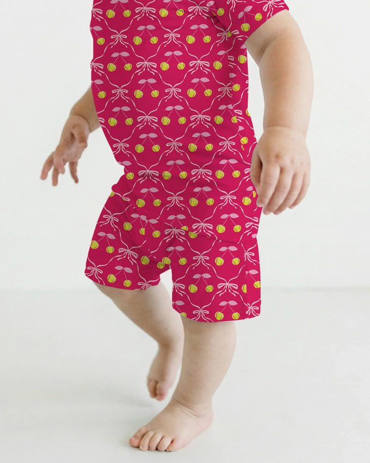 Pijama de dos piezas de bambú de manga corta con pantalones cortos a juego para madre e hija, diseño de béisbol y sóftbol de cerezas
