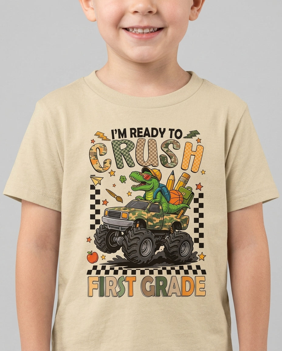 Back To School Monster Truck Dino Crewneck T-Shirt