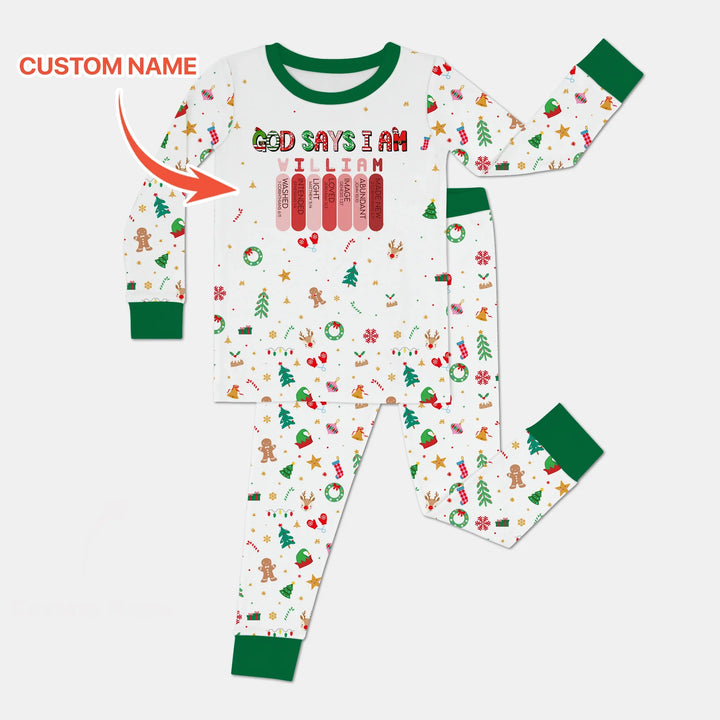 Christmas Blessings God Says I Am Custom Name Two Piece Long Sleeve Pajama Set , Christmas Blessings God Says I Am Custom Name Two Piece Long Sleeve Pajama Set - 12-18M