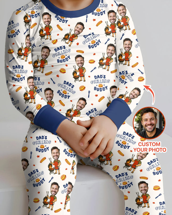 Custom Photo Dad's Grilling Buddy Family Matching Bamboo Two Piece Long Sleeve Pajama Set