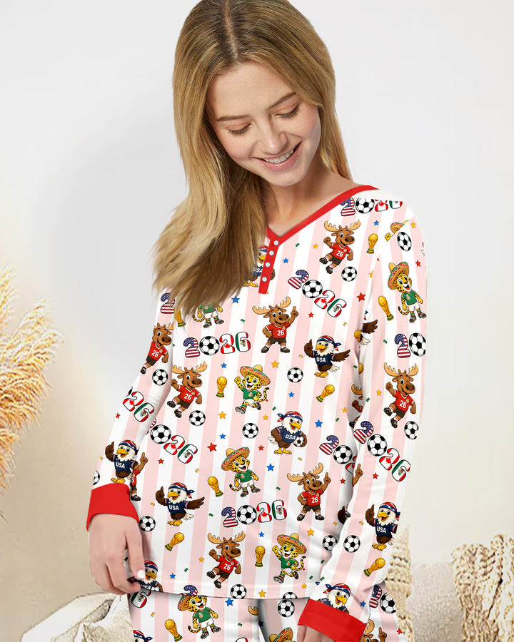 Striped Cute Mascots Soccer Cup 2026 Bamboo Women Pajama Set