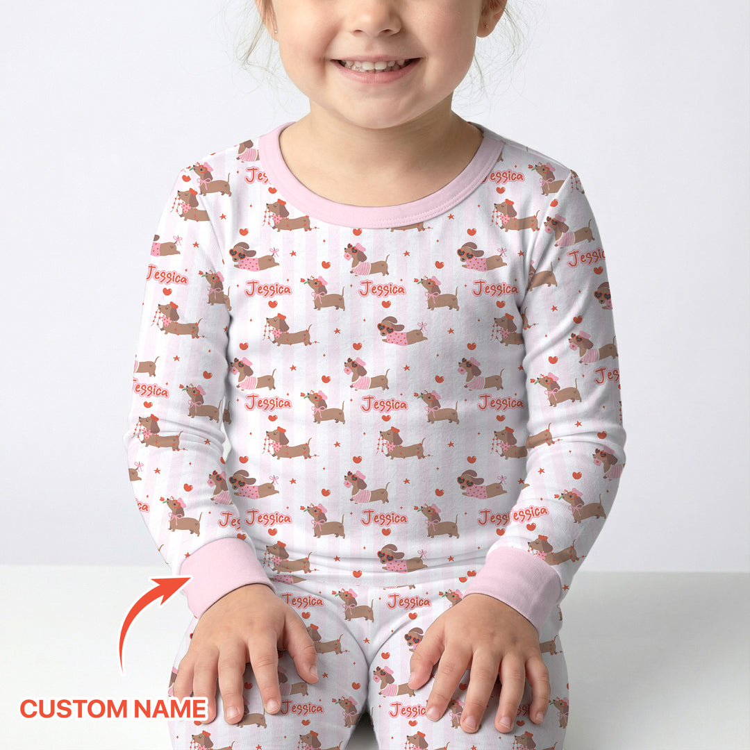 Custom Name Valentine Dachshund Family Matching Two Piece Long Sleeve Pajama Set