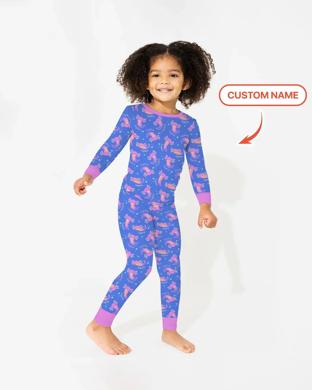 Pijama de dos piezas de manga larga de bambú con nombre personalizado y diseño de ajolote que brilla en la oscuridad