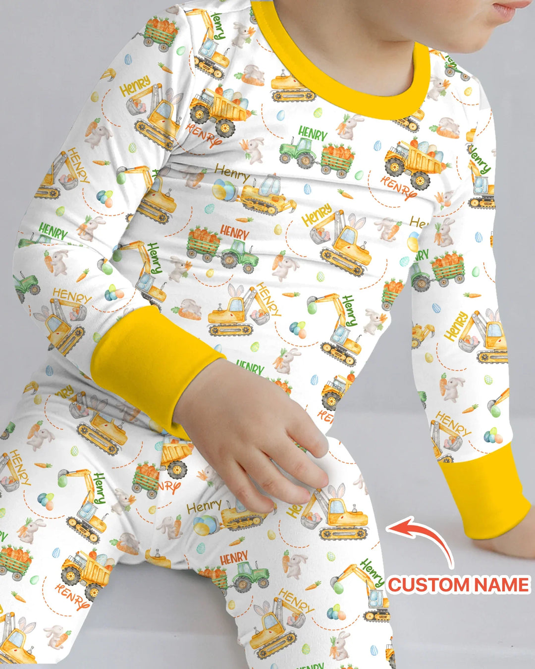 Easter Construction Vehicles Custom Name Two Piece Long Sleeve Pajama Set