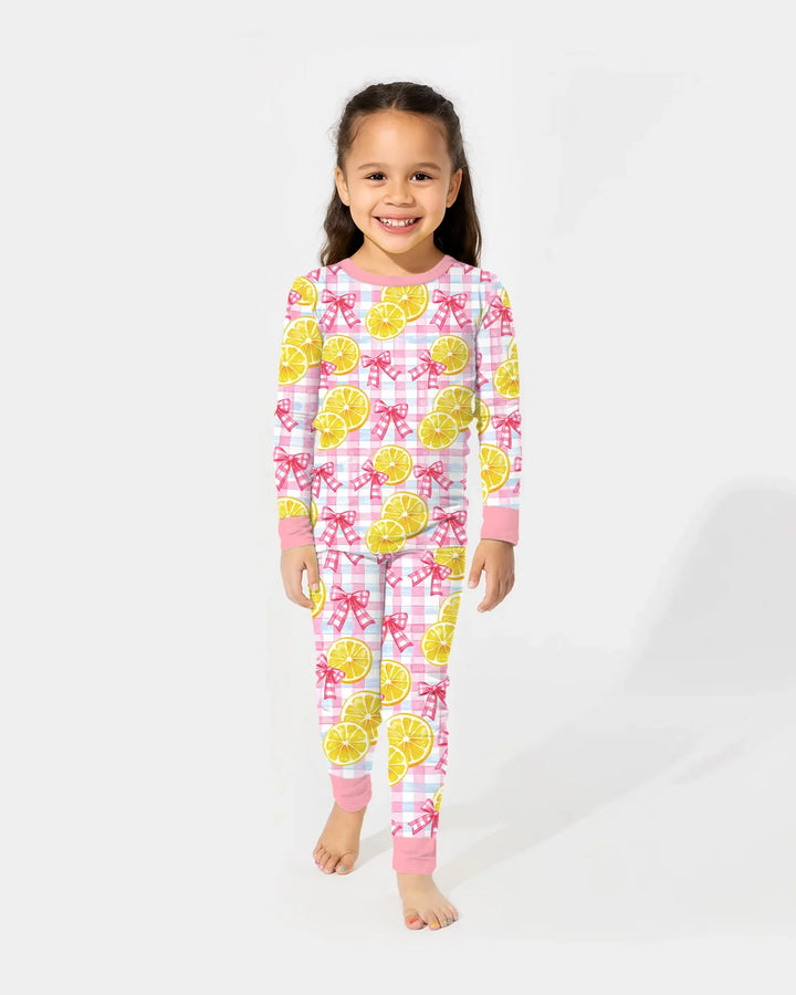 Pink Lemons Bows Checkered Bamboo Two Piece Long Sleeve Pajama Set