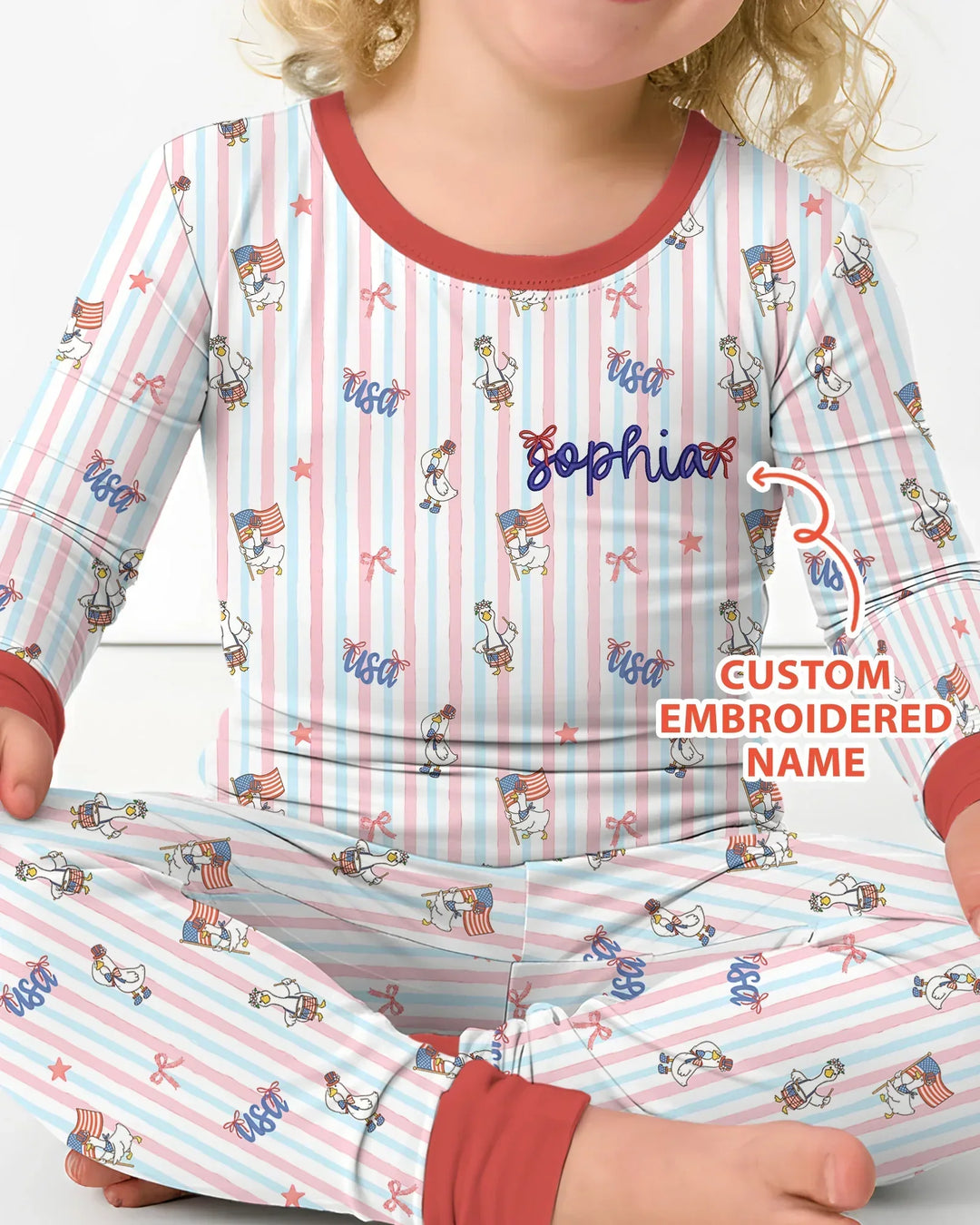 Personalized Cute Goose America 250 Embroidered Bamboo Two Piece Long Sleeve Pajama Set