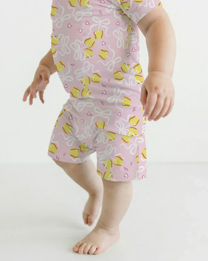 Softball Cherry Mom And Girl Matching Bamboo Two Piece Short Sleeve Shorts Pajama Set