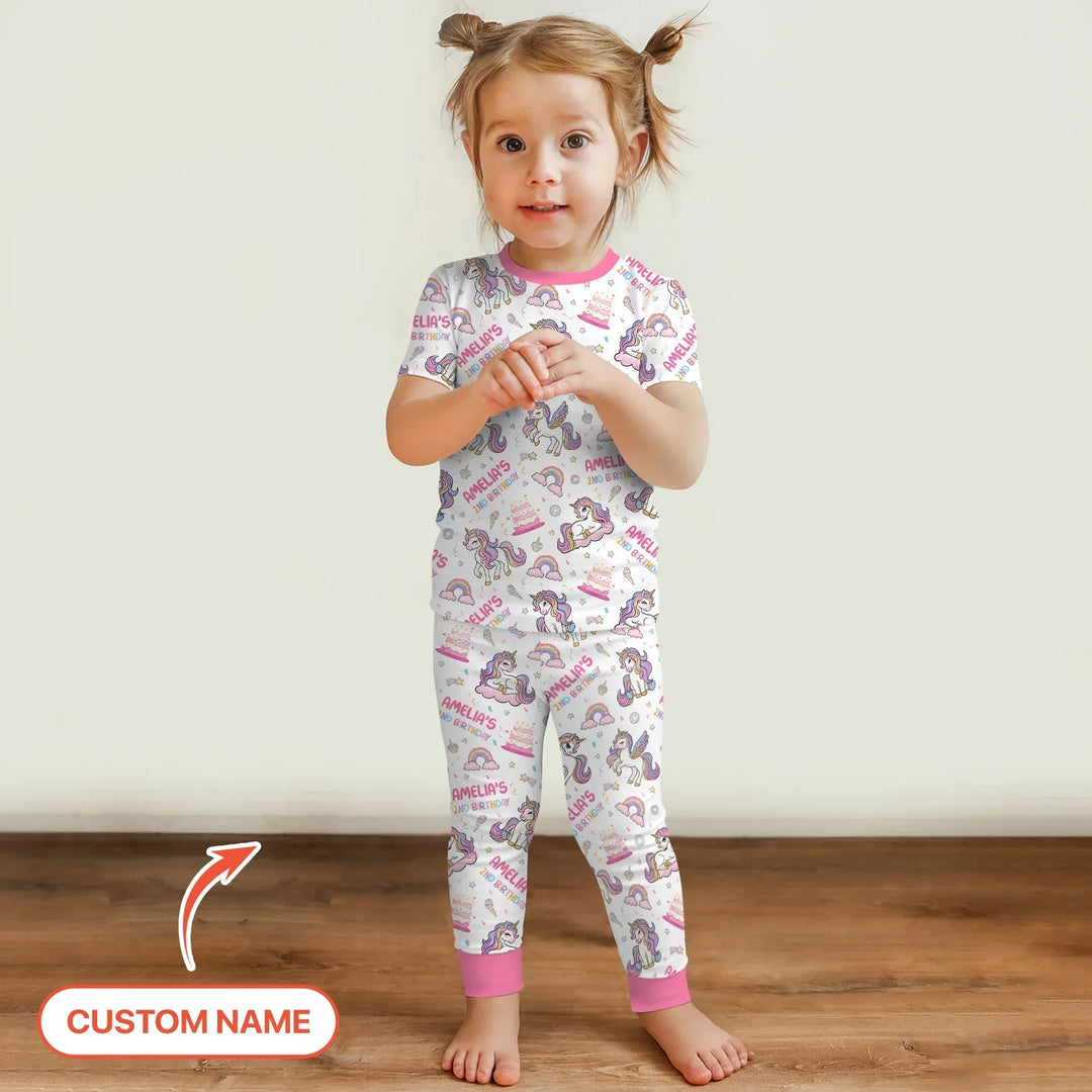 Custom Name Little Unicorn's Birthday Two Piece Short Sleeve Pajama Set