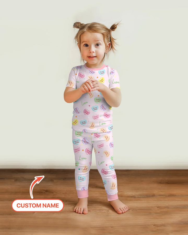 Custom Name Tennis Candy Hearts Bamboo Two Piece Short Sleeve Pajama Set
