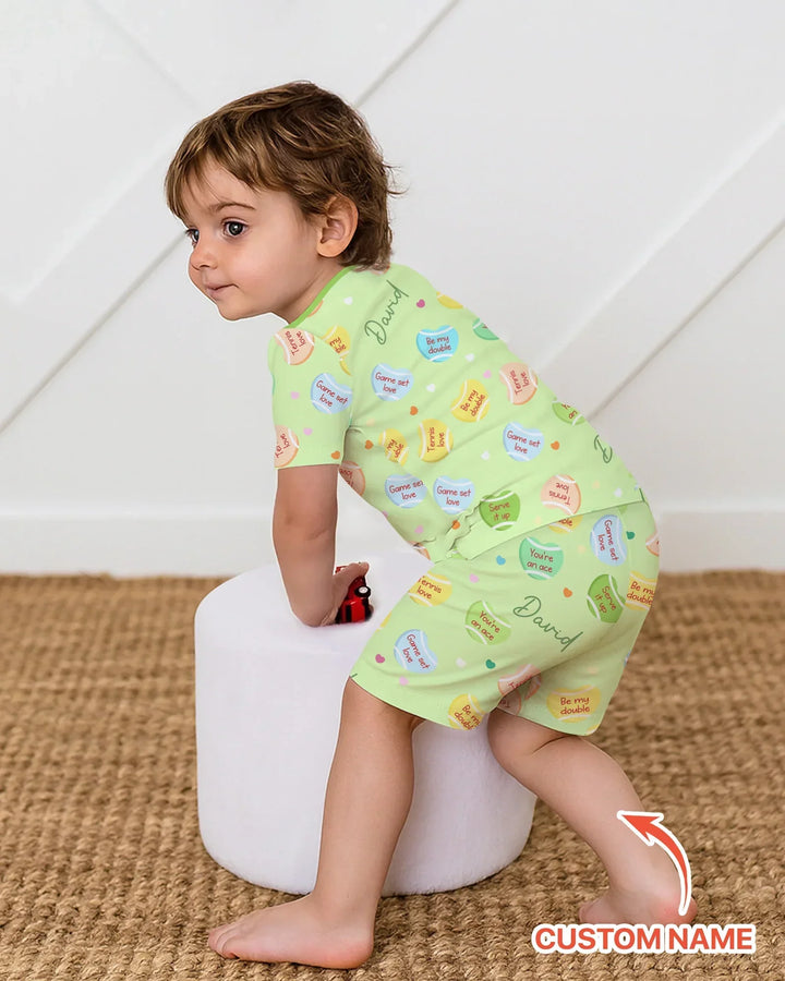 Custom Name Tennis Candy Hearts Bamboo Two Piece Short Sleeve Shorts Pajama Set