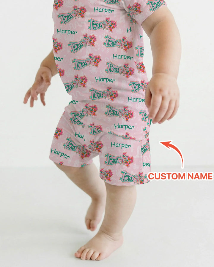 Custom Name Preppy Texas Charm Bamboo Two Piece Short Sleeve Shorts Pajama Set