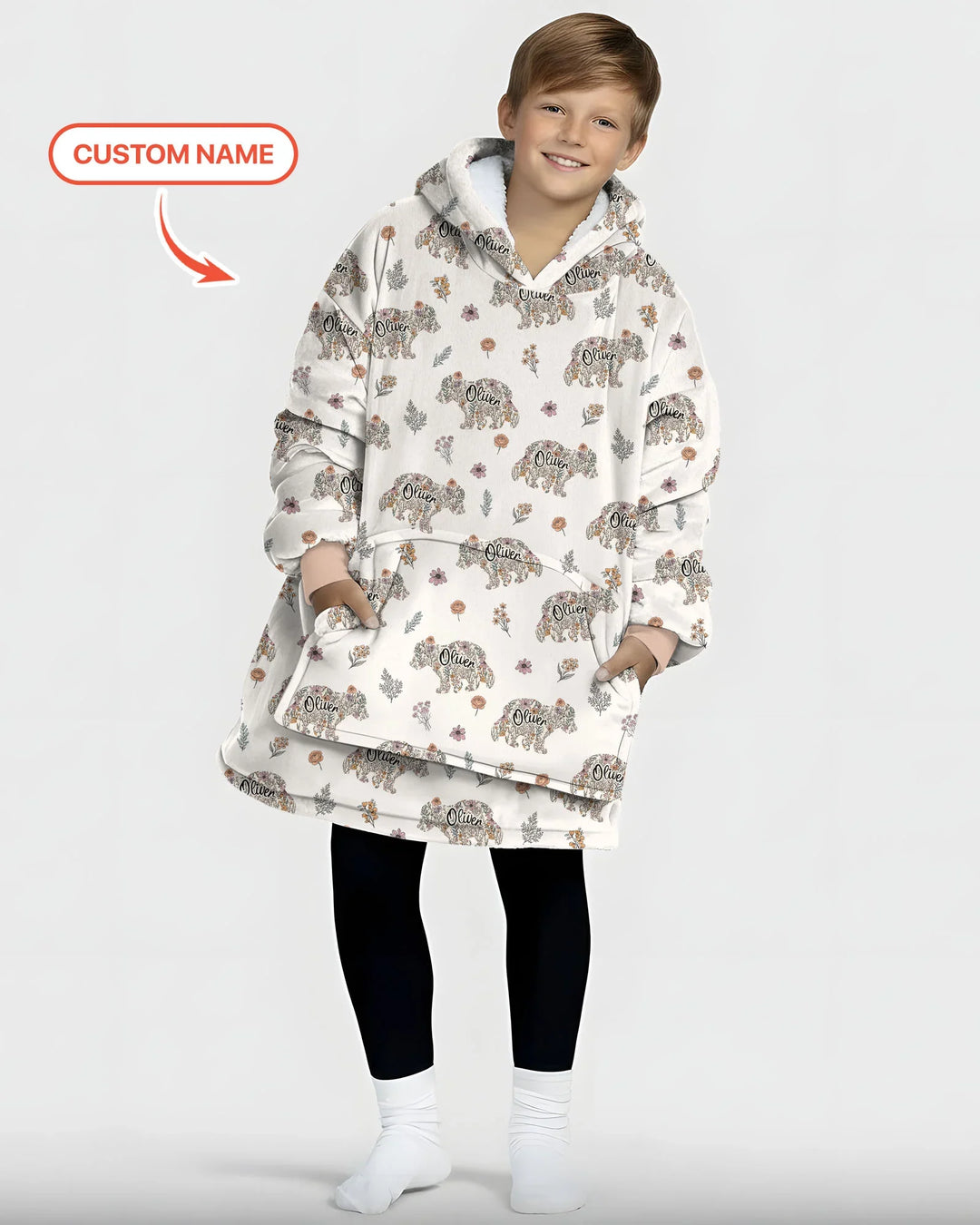 Custom Name Floral Bear Family Matching Bamboo Blanket Hoodie