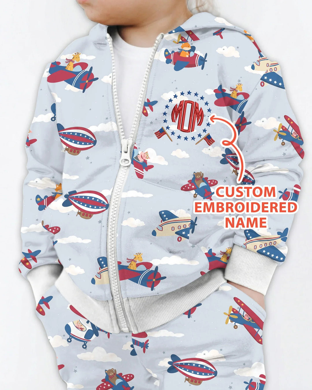 Custom Name Embroidered American Pilot  Bamboo Zip Hoodie