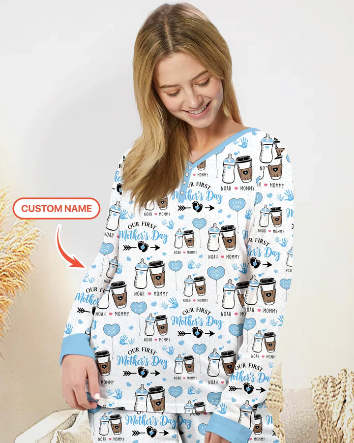 Custom Name First Mother's Day Drink Bamboo Women Pajama Set