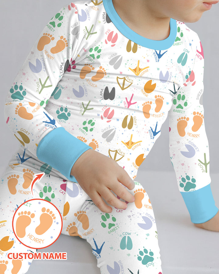 Cute Farm Animal Tracks Custom Name Bamboo Two Piece Long Sleeve Pajama Set