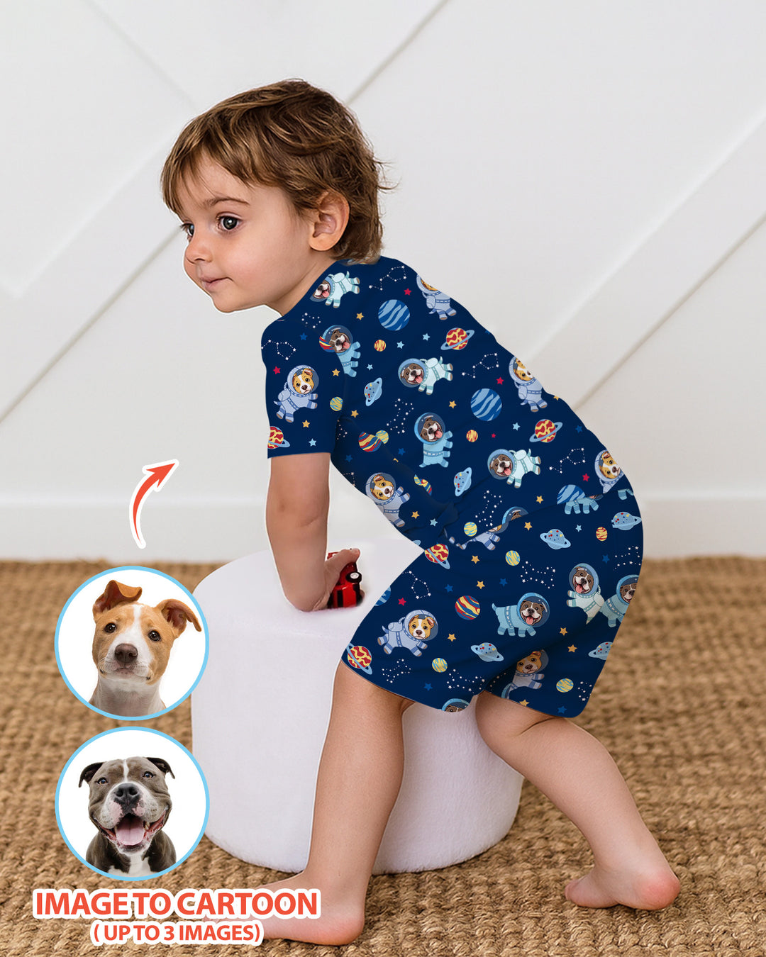 Astronaut Custom Pet Image Family Matching Bamboo Two Piece Short Sleeve Shorts Pajama Set