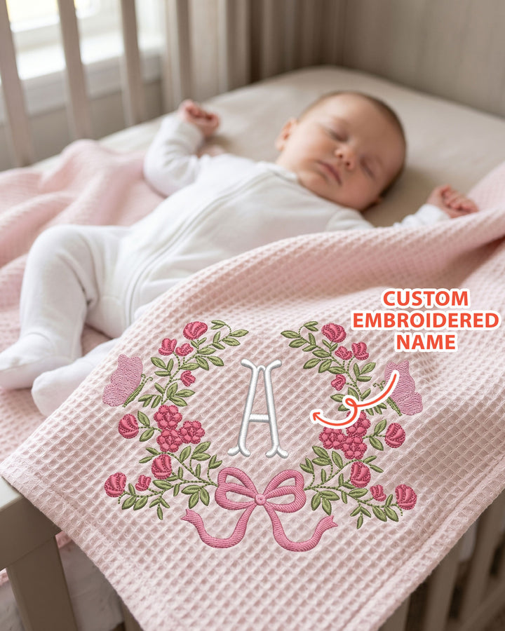 Personalized Flower Wreath Embroidered Waffle Bamboo Blanket
