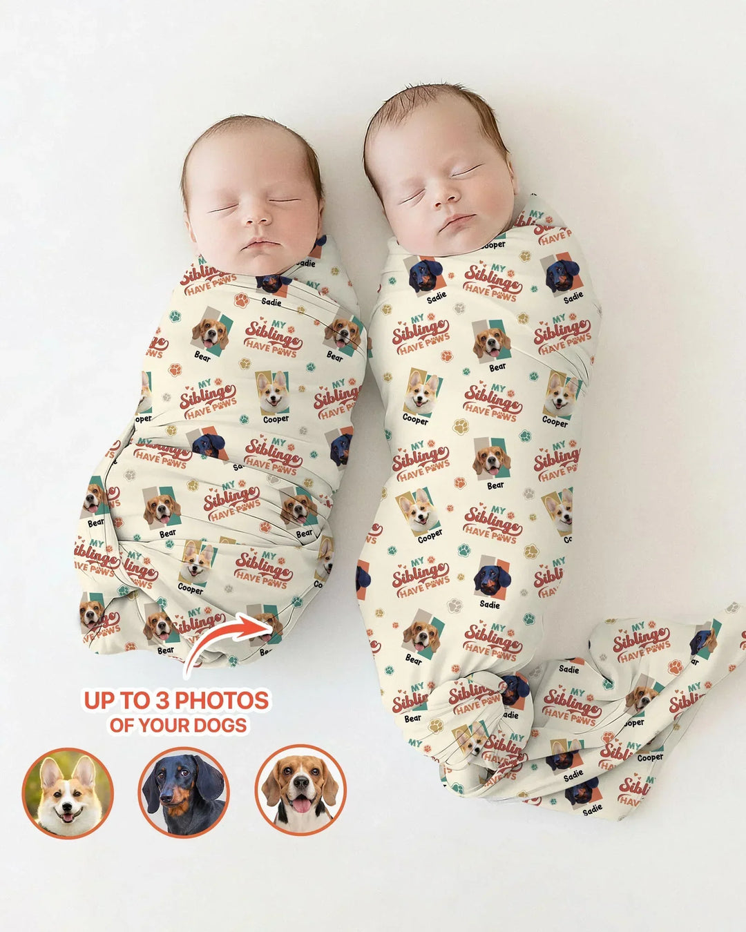 Custom Dog Photos "My Siblings Have Paws" swaddle blanket
