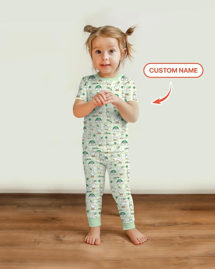 Custom Name Lucky Ducks Two Piece Short Sleeve Pajama Set