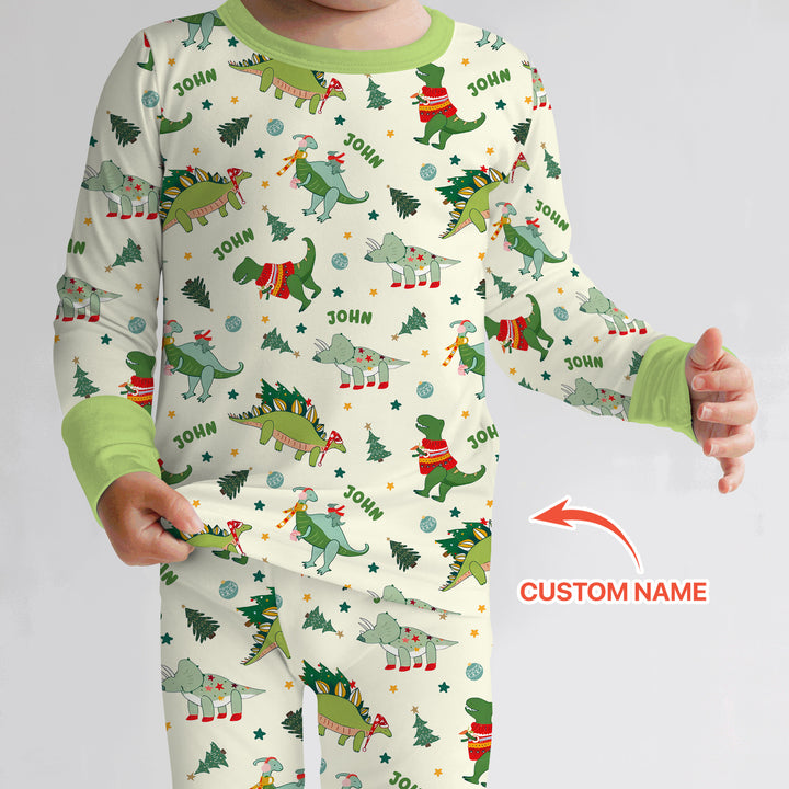 Custom Name Dinosaurs Christmas Tree Two Piece Long Sleeve Pajama Set