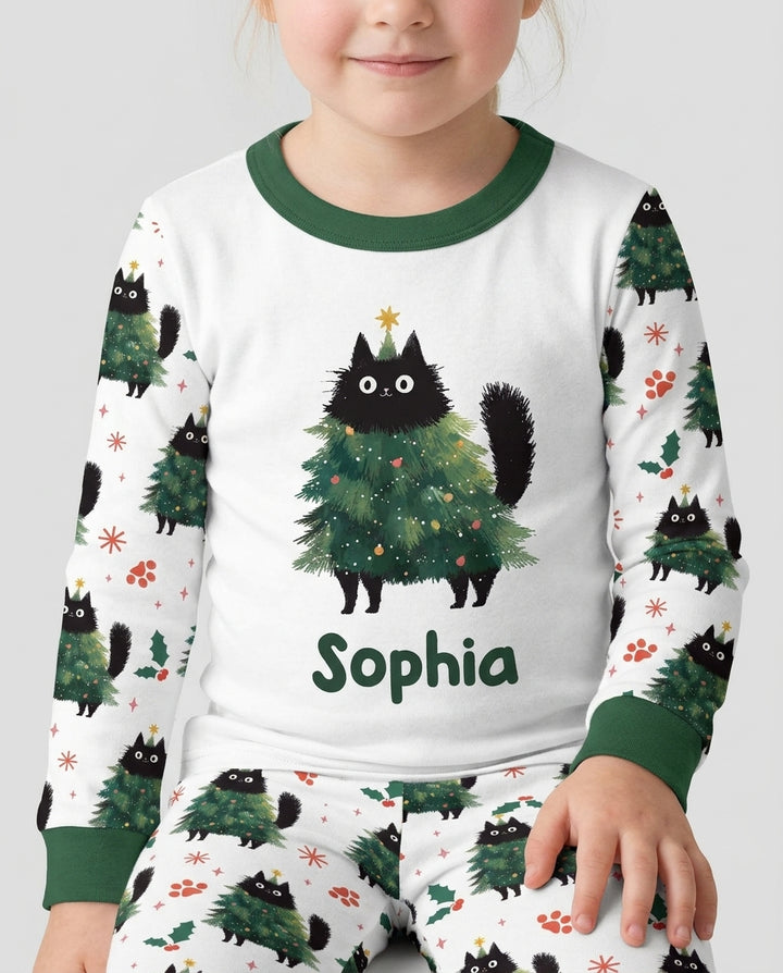 Custom Name Black Cat Christmas Bamboo Two Piece Long Sleeve Pajama Set