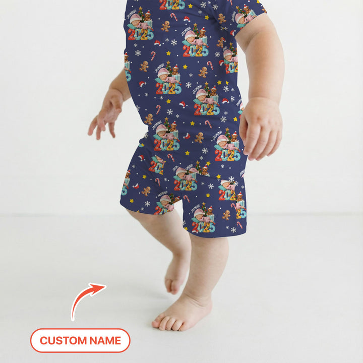 Custom Name Baby Girl's First Christmas Two Piece Short Sleeve Shorts Pajama Set
