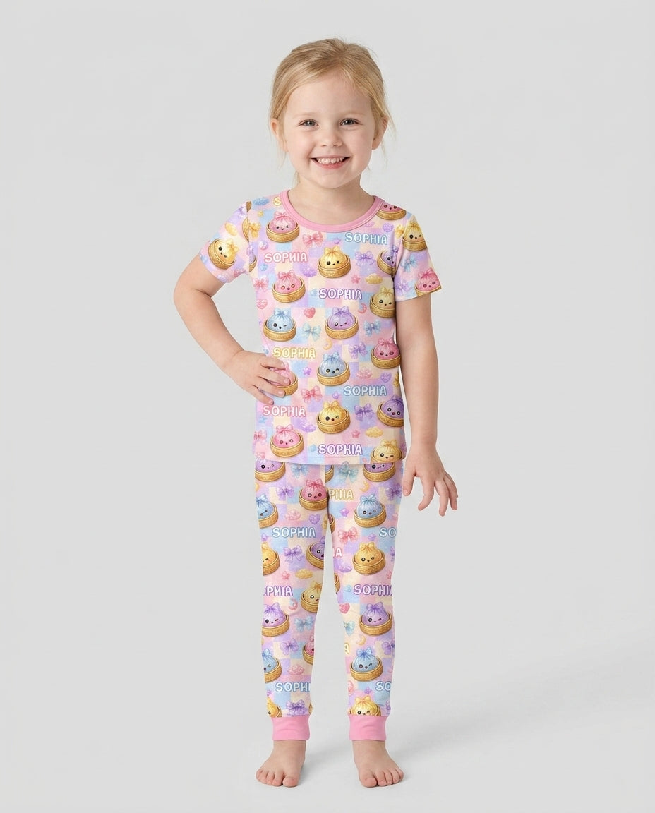 Custom Name Coquette Glitter Dumpling Bamboo Two Piece Short Sleeve Pajama Set