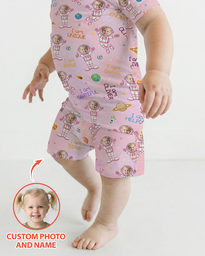 Custom Photo Kid Affirmations I Am Kind Astronaut Bamboo Two Piece Short Sleeve Pajama Set