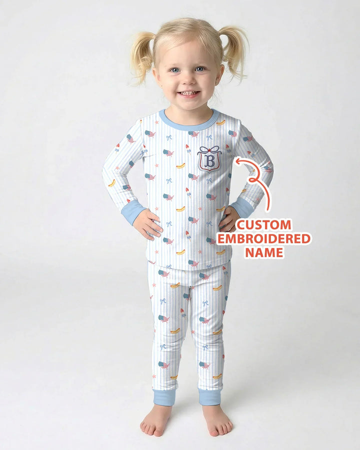 Personalized 4th Of July Embroidered Bamboo Two Piece Long Sleeve Pajama Set