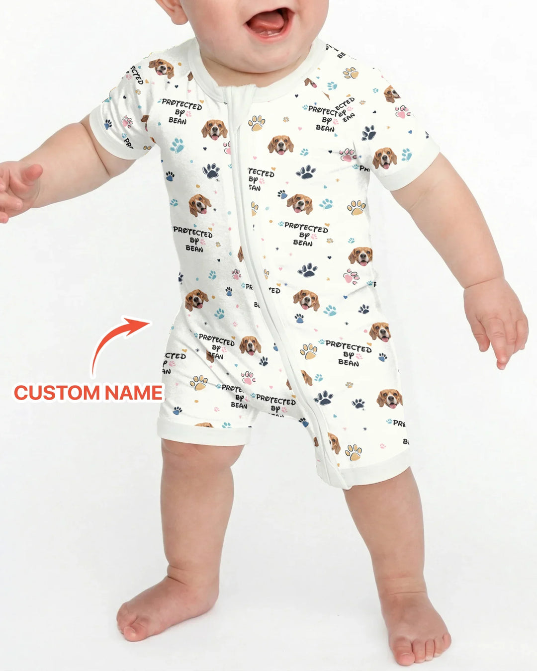 Custom Dog Photo Pattern "Protected By" Shorty Zippered Romper