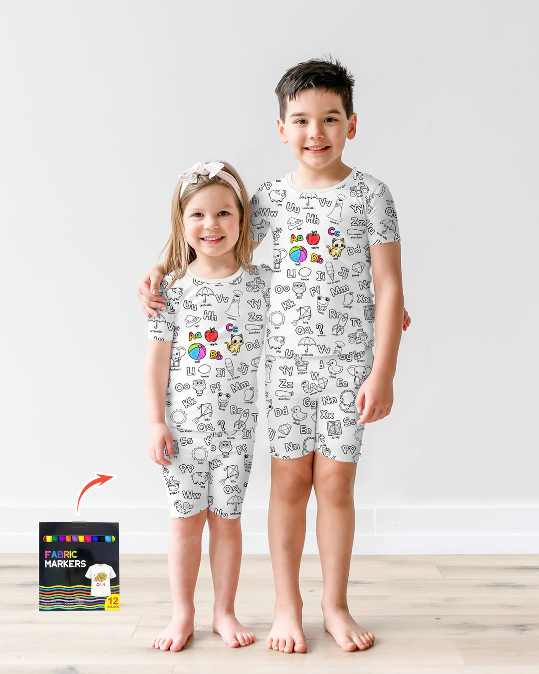 All Colorable Alphabet Two Piece Short Sleeve Shorts Pajama Set