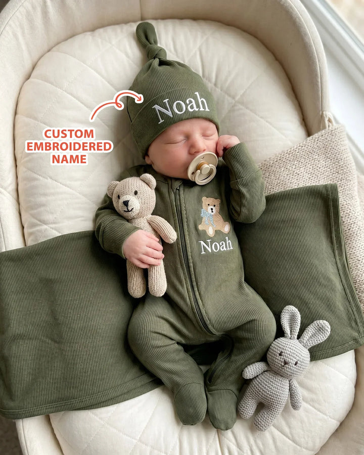 Personalized Teddy Bear Embroidered Ribbed Bamboo Hat