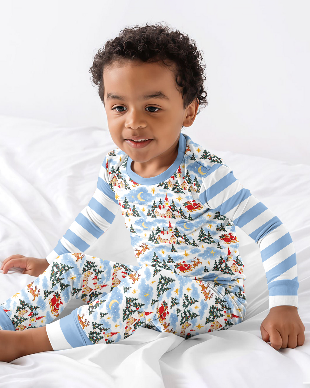 Whimsical Santa's Winter Village Bamboo Two Piece Long Sleeve Pajama Set
