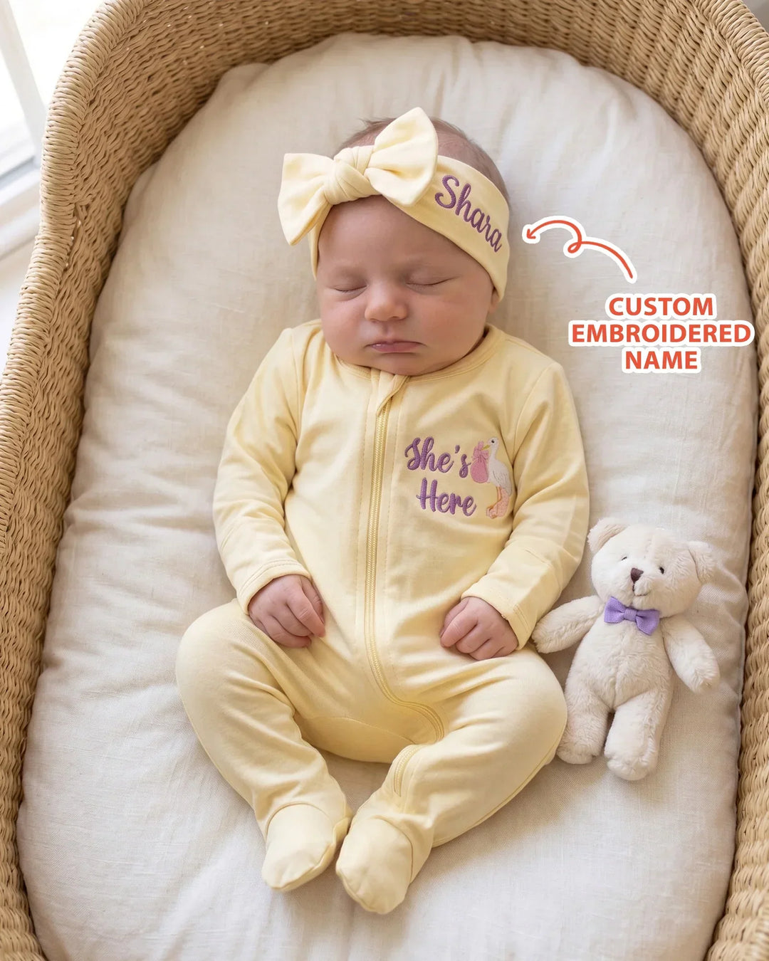Personalized She's Here Embroidered Bamboo Headband