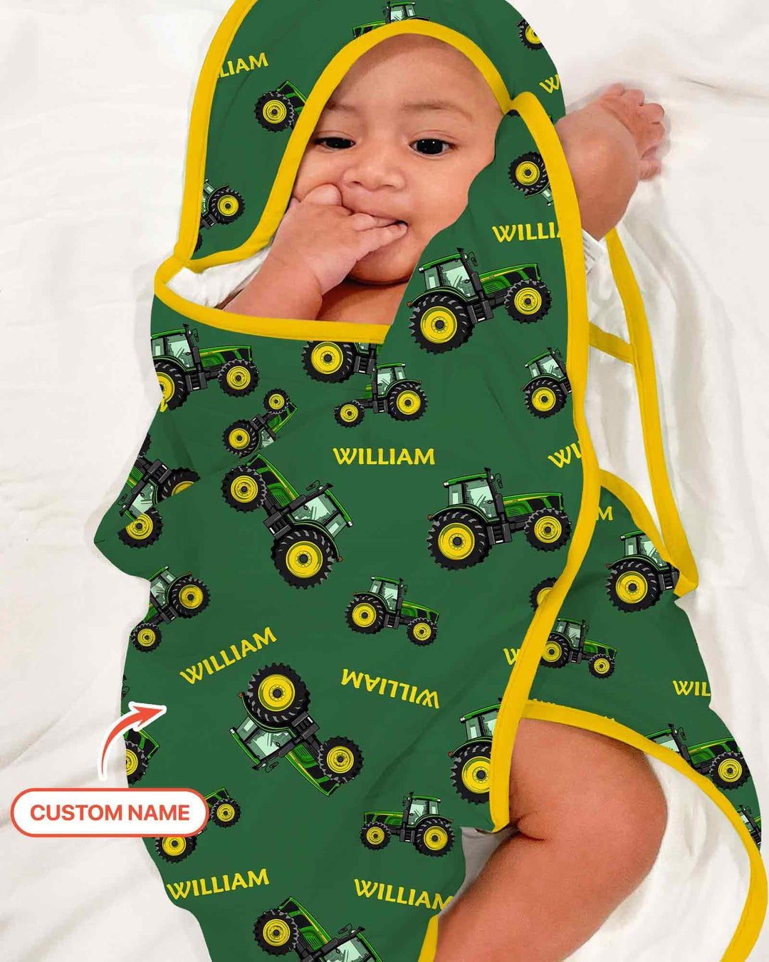 Custom Name Green Tractors Matching Daddy & Me Hooded Bamboo Towel Set