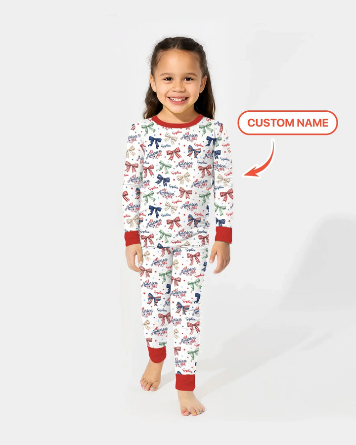 Custom Name All American Girl Bamboo Two Piece Long Sleeve Pajama Set