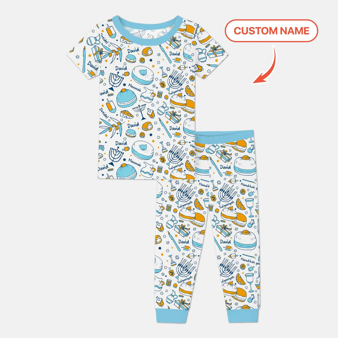 Happy Hanukkah Doodles Custom Name Family Matching Two Piece Short Sleeve Pajama Set